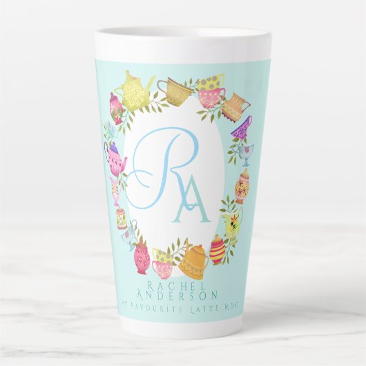  Tea Pots and Cups Monogram Pastel Blue  Mug Latte Mok (Voorkant)