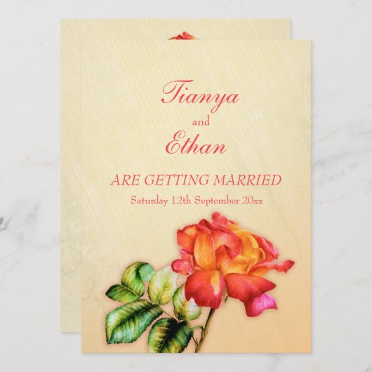 Tea rose orange rouge faire-part de mariage fine a (Devant / Derrière)