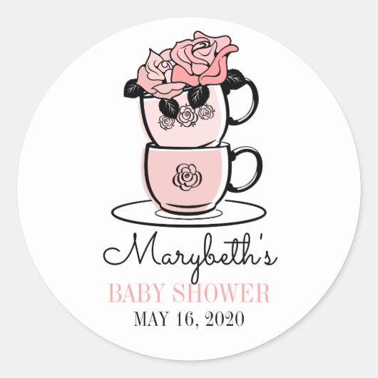 Tea Teacup & Flowers Baby shower Favor Sticker (Voorkant)