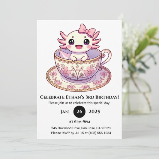 Tea Time Axolotl Birthday Kaart (Staand voorkant)