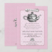 Tea Time Baby shower Invitation - Roze Kaart (Voorkant / Achterkant)