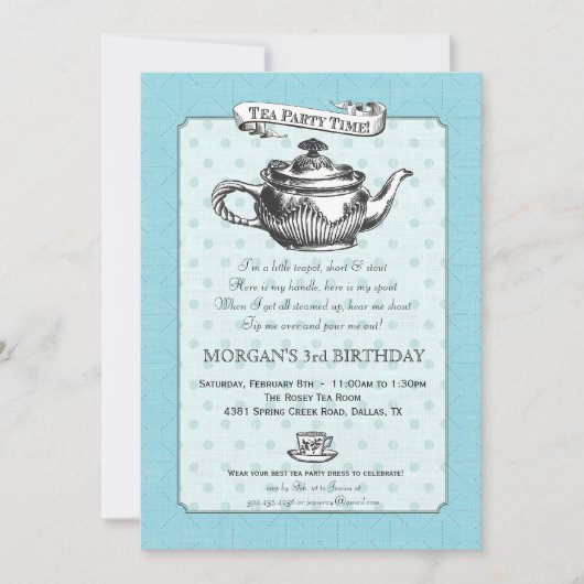 Tea Time Birthday Party Invitation - Aqua Blue Kaart (Voorkant)