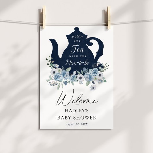 Tea Time Blue Baby shower Welcome Sign Poster