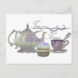 Tea Time. Lila kunst van theepot, theepot en cupca Briefkaart
