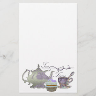 Tea Time. Lila kunst van theepot, theepot en cupca Briefpapier