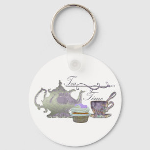 Tea Time. Lila kunst van theepot, theepot en cupca Sleutelhanger