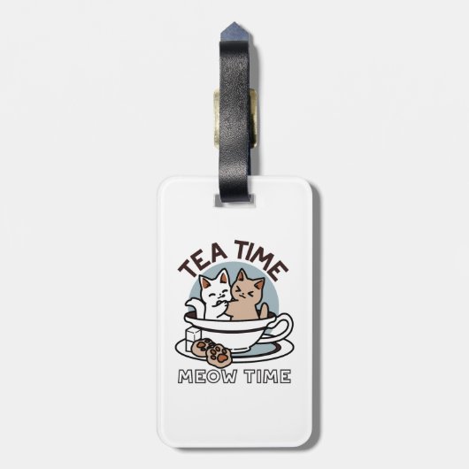 Tea Time Meow Time - Schattige kat en thee ontwerp Bagagelabel (Achterkant verticaal)