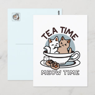 Tea Time Meow Time - Schattige kat en thee ontwerp Briefkaart