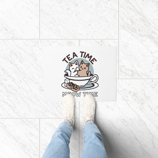 Tea Time Meow Time - Schattige kat en thee ontwerp Deurmat (Binnen)