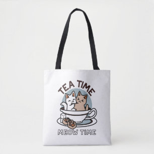 Tea Time Meow Time - Schattige kat en thee ontwerp Draagtas