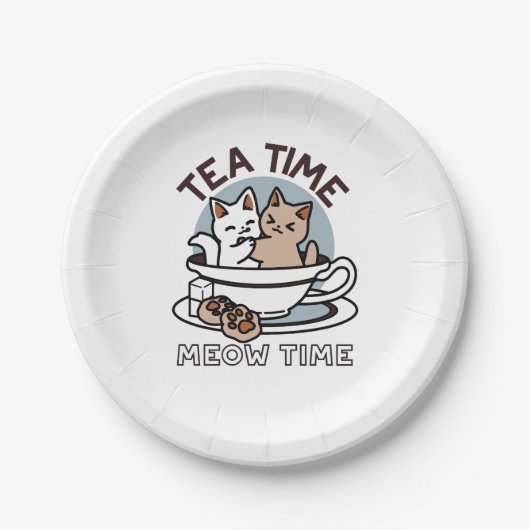 Tea Time Meow Time - Schattige kat en thee ontwerp Papieren Bordje (Voorkant)
