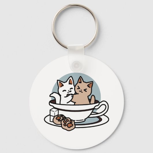 Tea Time Meow Time - Schattige kat en thee ontwerp Sleutelhanger (Voorkant)