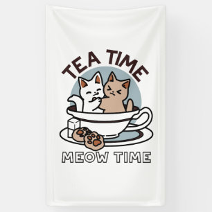 Tea Time Meow Time - Schattige kat en thee ontwerp Spandoek