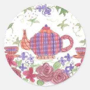 Tea Time Teapot and Flowers Ronde Sticker