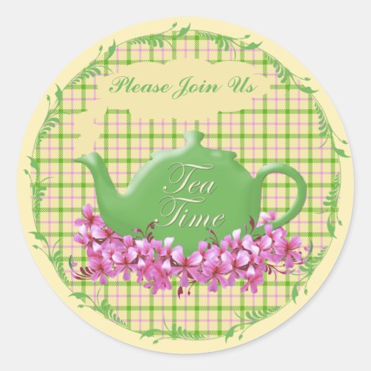 Tea Time Theepot Spring Plaid Ronde Sticker (Voorkant)