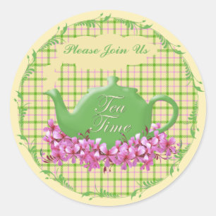 Tea Time Theepot Spring Plaid Ronde Sticker