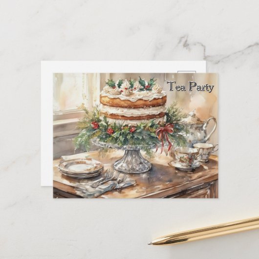 Tea Time with Cake Tea Party Feestdagenkaart (Voorkant / Achterkant in situ)