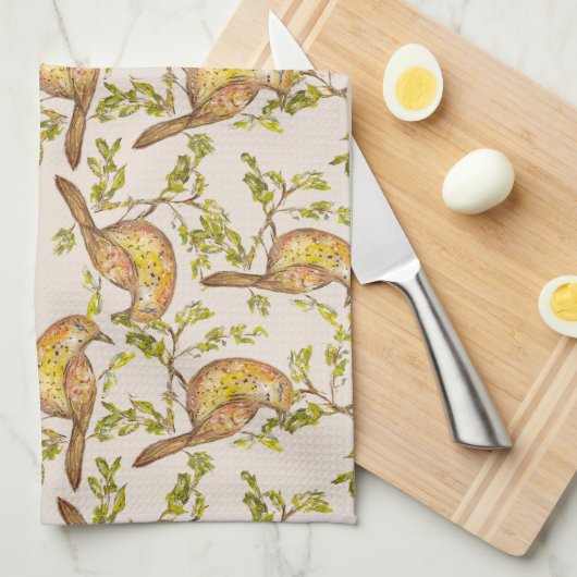 Tea Towel With Hand-Painted Birds on Branches Theedoek (Quarter Fold)