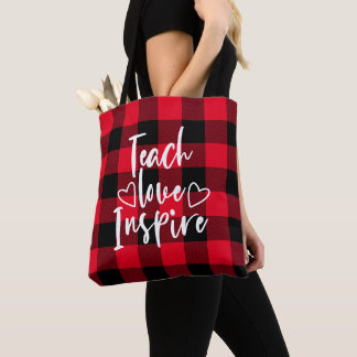 Teach Love Inspire Red en Black Buffalo Plaid Draagtas