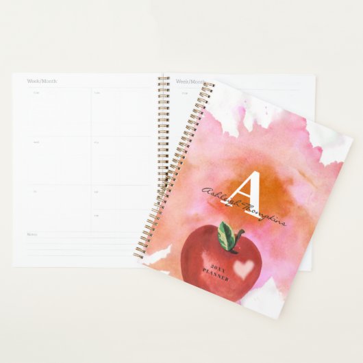 Teacher Apple Heart Monogramme Nom Rouge Rose (Devant avec enveloppe)