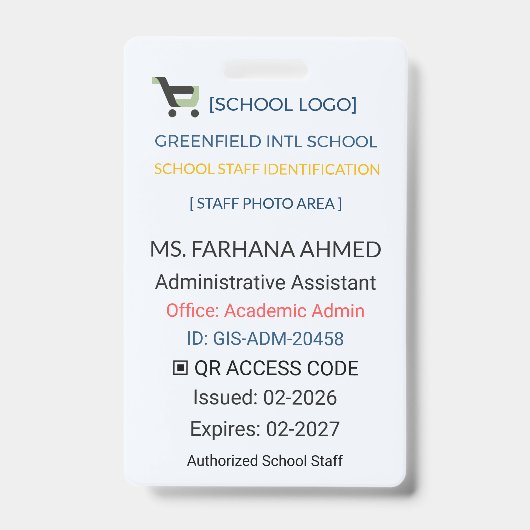 Teacher Badge | Assistant ID – School Staff (Front)