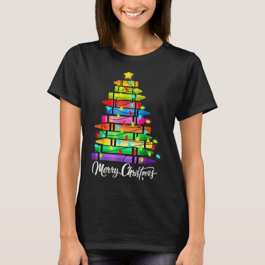 Teacher Crayon Merry Christmas Tree Lights School T-shirt (Voorkant)