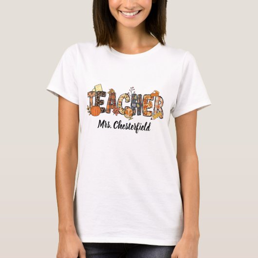 Teacher Custom Name Herfst T-shirt Pumpkin Classro (Voorkant)
