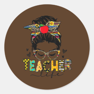 Teacher Life Messy Bun Hair Women's Day Ronde Sticker