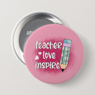 Teacher Love Inspire - Roze glitter & bloemenpotlo Ronde Button 7,6 Cm