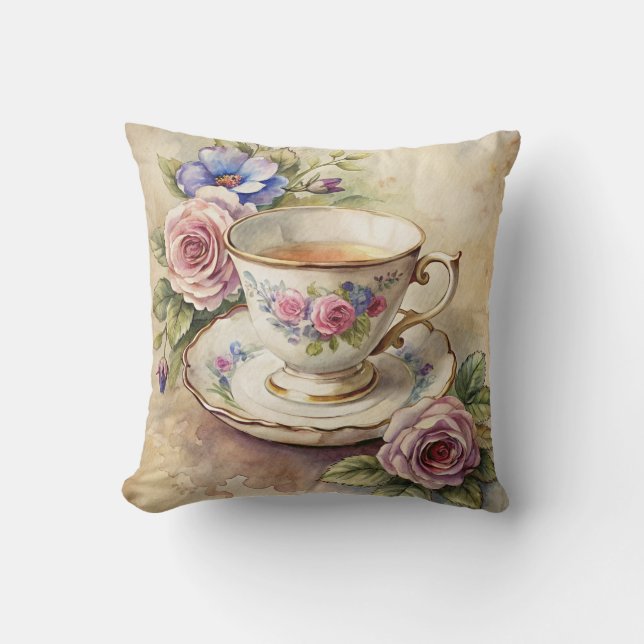 Teacup and Flowers Kussen (Voorkant)