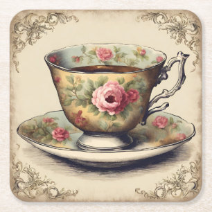  TeaCup Bloemen Vrijgezellenfeest Tea Party Vierkante Kartonnen Onderzetter