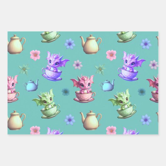 Teacup Draken met theepotten en bloemen Inpakpapier Vel (Voorkant 2)