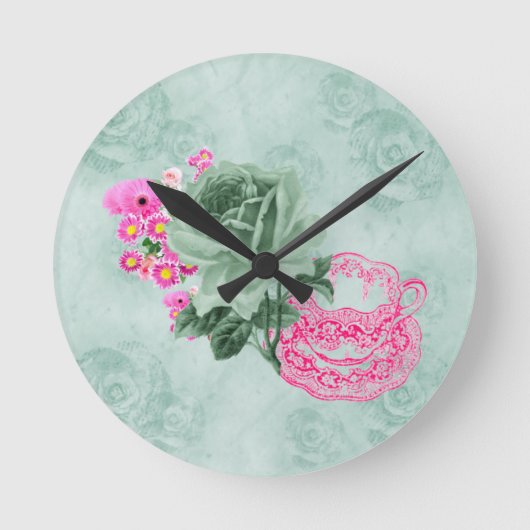 Teacup&Flowers Vintages vert&rose Horloge ronde (Recto)
