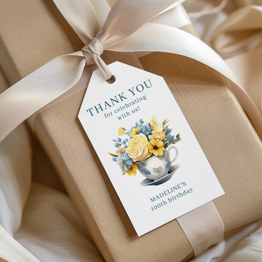 Teacup Geel Blauw Bloemen 100ste Verjaardag Cadeaulabel
