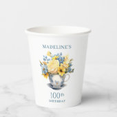 Teacup Geel Blauw Bloemen 100ste Verjaardag Papieren Bekers