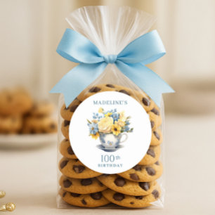 Teacup Geel Blauw Bloemen 100ste Verjaardag Ronde Sticker