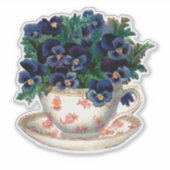 TEACUP MET PANSIES TRANSPARANTE STICKER (Voorkant)