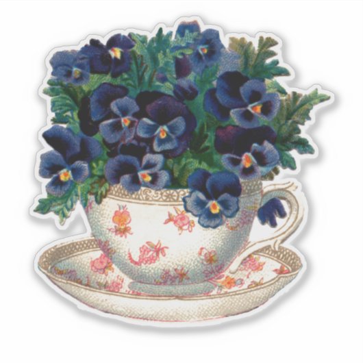  TEACUP MET PANSIES TRANSPARANTE STICKER (Voorkant)