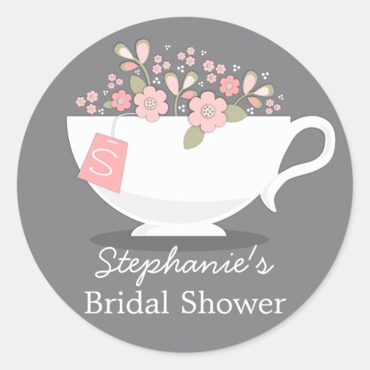 Teacup Pink Floral Monogram Vrijgezellenfeest Stic Ronde Sticker (Voorkant)