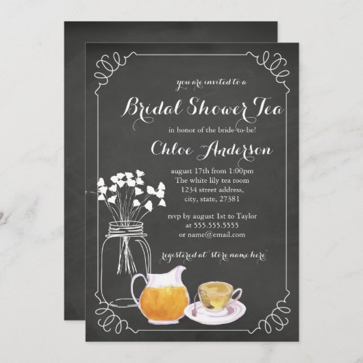 Teacup schoolbord Elegante Bruids Douche Uitnodigi Kaart (Voorkant / Achterkant)