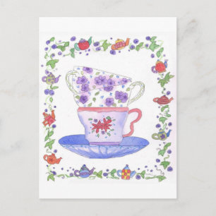 Teacup Stack Tea Time Waterverf Flowers Briefkaart