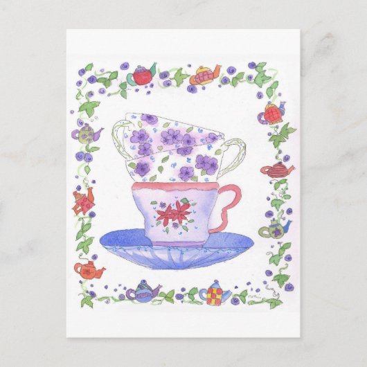 Teacup Stack Tea Time Waterverf Flowers Briefkaart (Voorkant)