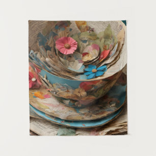 Teacup van papier gevuld met bloemen wandkleed
