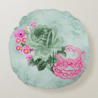 Teacup Vintage vert & rose & Fleurs Coussin rond