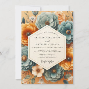 Teal Amber Bloom Romantische Bruiloft Kaart