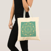 Teal and Beige Elegant Flower Wreath Monogram Tote Bag (Voorkant (product))