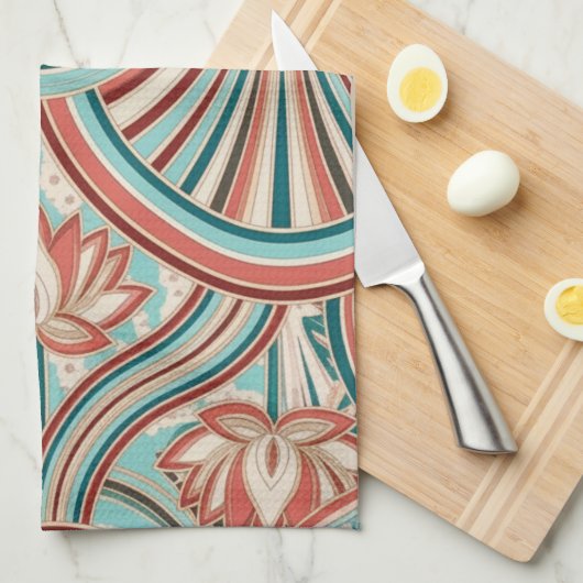 Teal and Coral Nouveau Flow Theedoek (Quarter Fold)