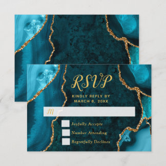 Teal and Gold Agate Marble RSVP Kaartje