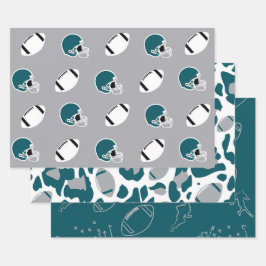 Teal and Gray Football Helmet and Ball Patterns Inpakpapier Vel