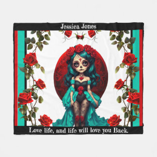 Teal and Red Roses Sugar Skulls Fleece Deken